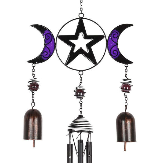 Triple Moon Windchime with Bells in black and purple design, perfect for indoor and outdoor UK decor.