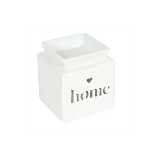White ceramic planter with 'home' and heart design on a white background