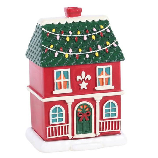 Red Christmas house incense cone burner with festive lights and snowy details, perfect for seasonal home fragrance.