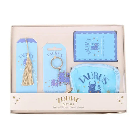 Zodiac Zest Taurus Gift Set featuring bookmark, keyring, pouch, and notebook, perfect for Taurus gift enthusiasts.