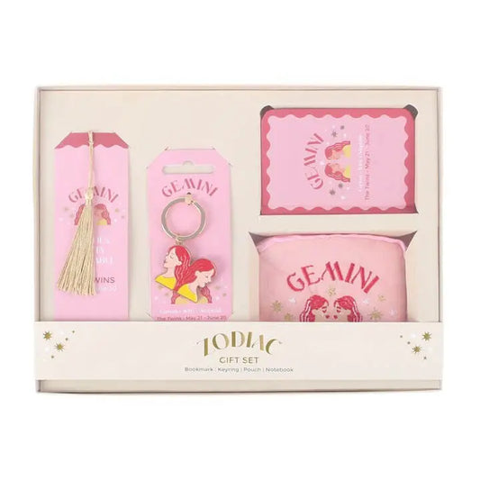 Zodiac Zest Gemini Gift Set showcasing bookmarks, keyring, plush, and notebooks in a stylish gift box.