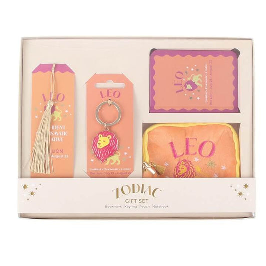 Zodiac Zest Leo Gift Set featuring bookmark, keyring, pouch, and notebook with Leo design