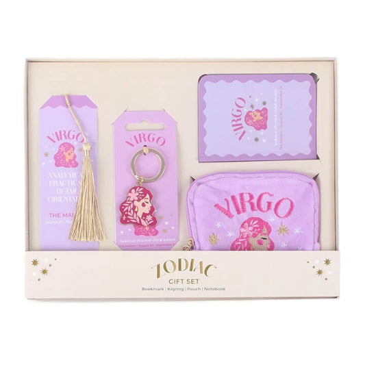 Zodiac Zest Virgo Gift Set featuring bookmarks, keyring, pouch, and notebook with Virgo designs.