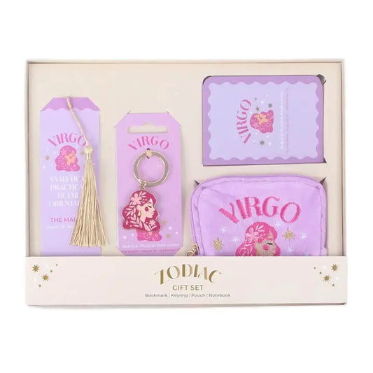 Zodiac Zest Virgo Gift Set featuring bookmarks, keyring, pouch, and notebook with Virgo designs.
