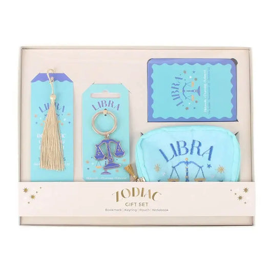 Zodiac Zest Libra Gift Set featuring accessories like bookmarks, a keyring, pouch, and notebook designed for Libra enthusiasts.