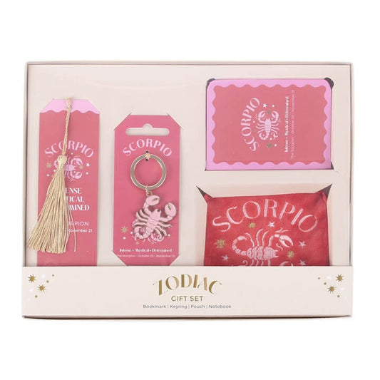 Zodiac Zest Scorpio Gift Set featuring bookmark, keyring, notebook, and pouch in vibrant colors.