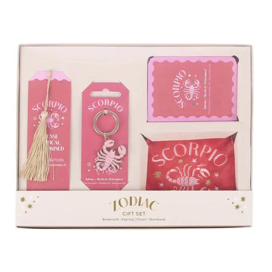 Zodiac Zest Scorpio Gift Set featuring bookmark, keyring, notebook, and pouch in vibrant colors.