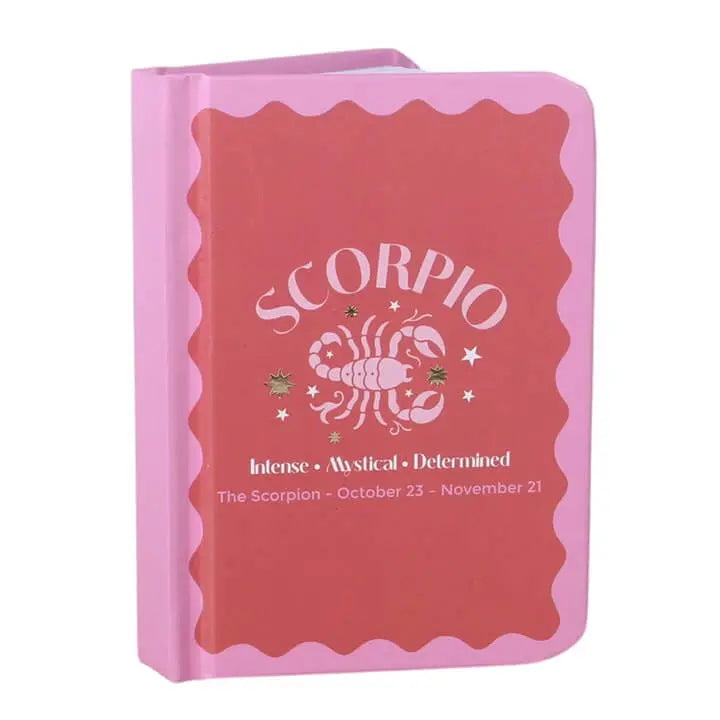 Scorpio Gift Set mini notebook featuring scorpion design, intense mystical determined text, pink cover.