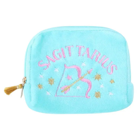 Bright turquoise pouch with Sagittarius design, ideal for storing essentials in the Zodiac Zest Sagittarius Gift Set.