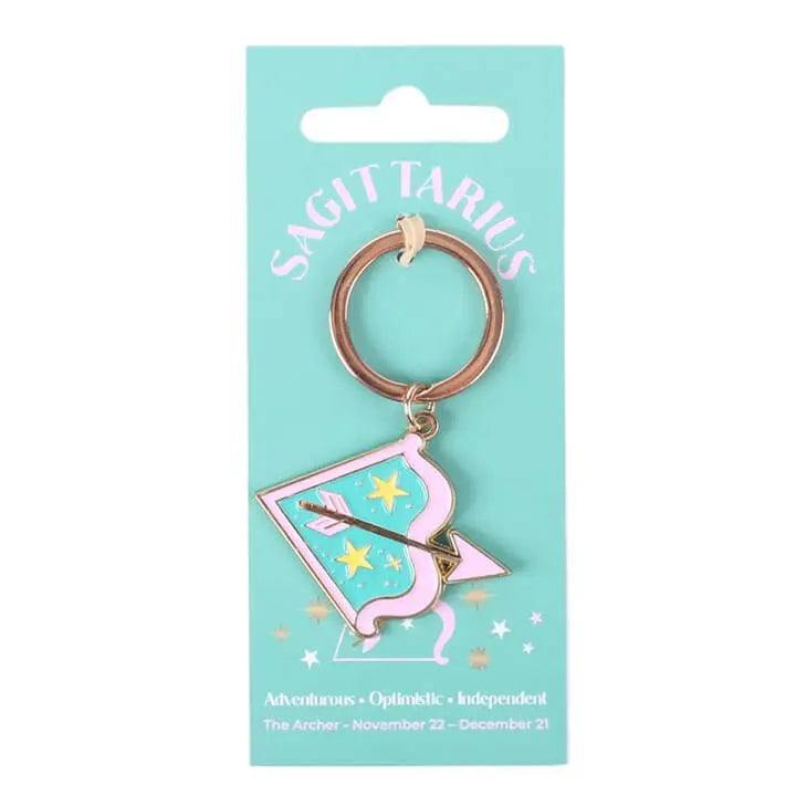Zodiac Zest Sagittarius Gift Set featuring a Sagittarius keychain with symbols and astrology details.