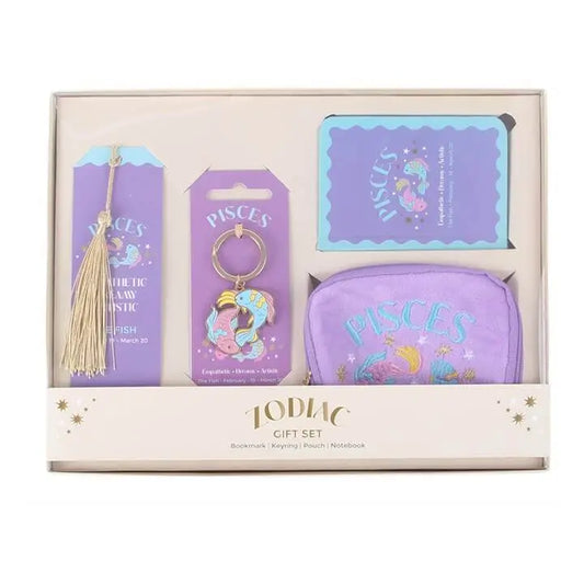 Zodiac Zest Pisces Gift Set featuring a bookmark, keyring, pouch, and notebook in purple and gold.
