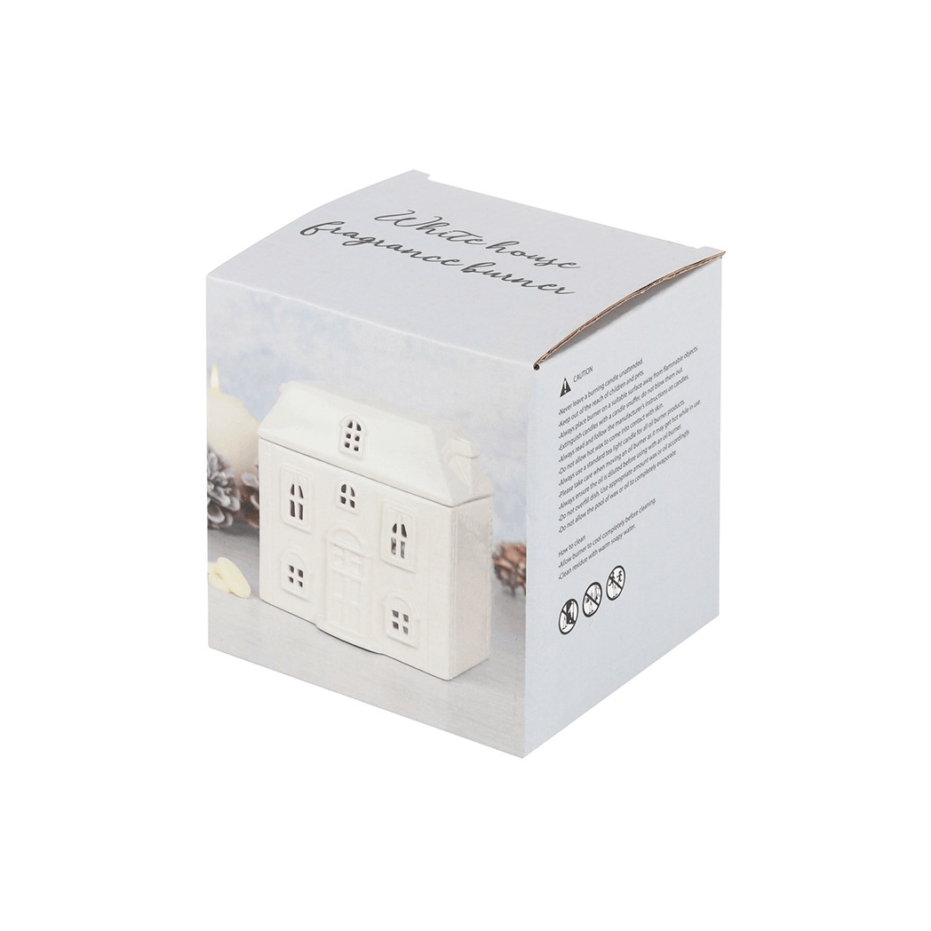 White House Ceramic Oil Burner packaging box featuring charming white house design.