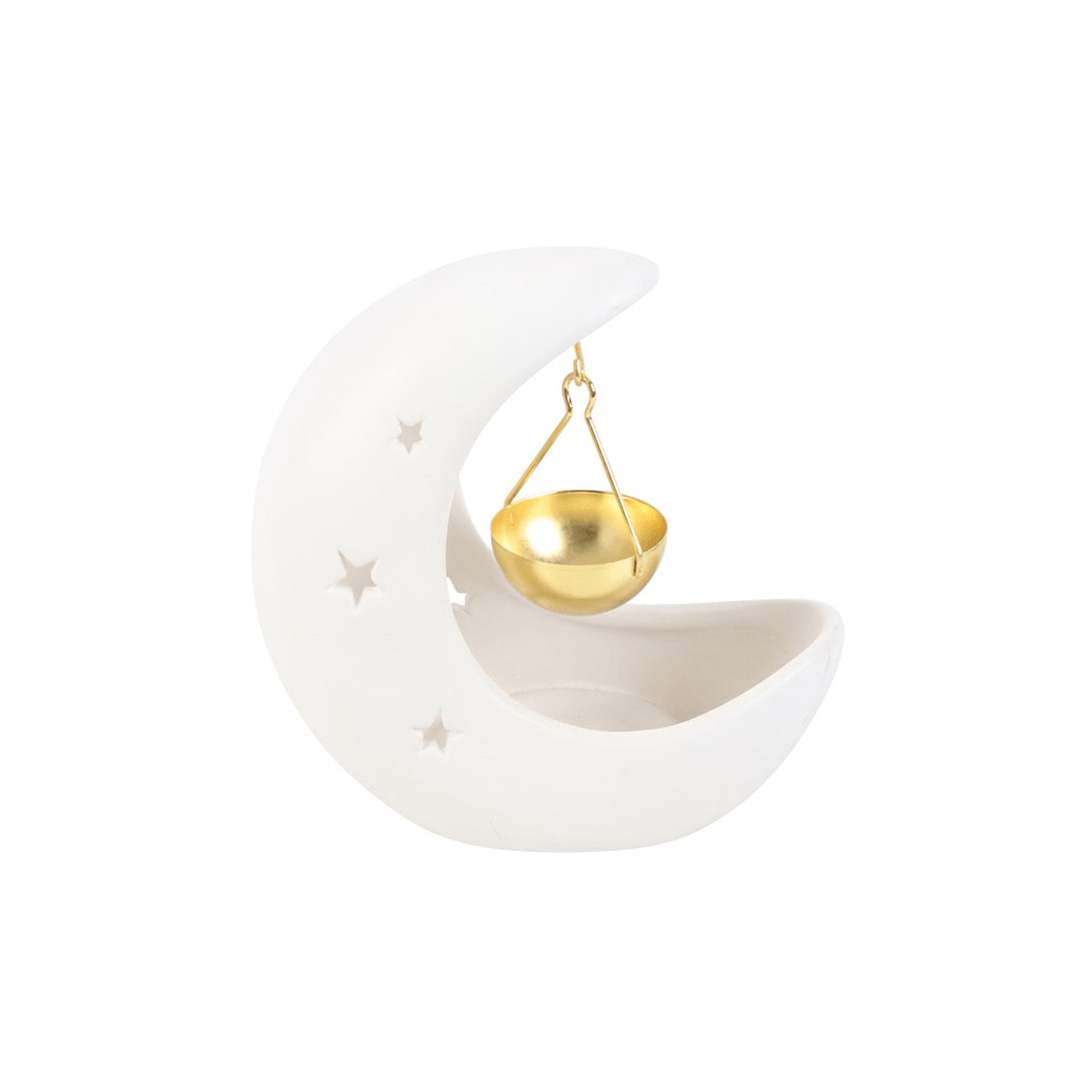 White Crescent Moon Oil Burner with Gold Dish