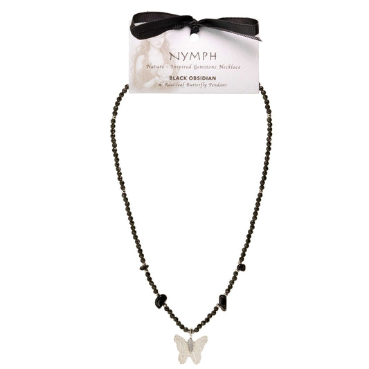 Nymph Black Obsidian Gemstone Necklace with Real Leaf Butterfly Pendant