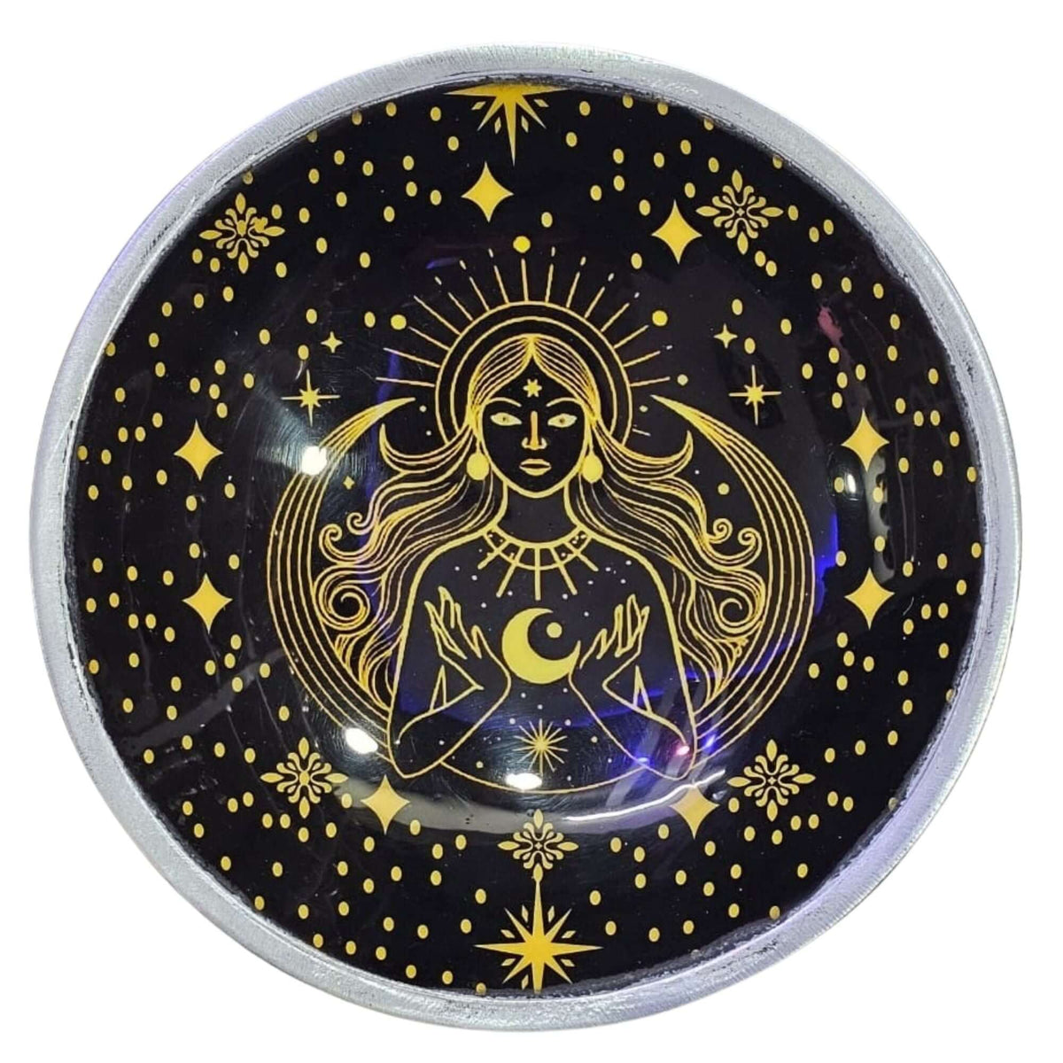 Triple Leg Enamelled Offering Plate - Gold Goddess on Black
