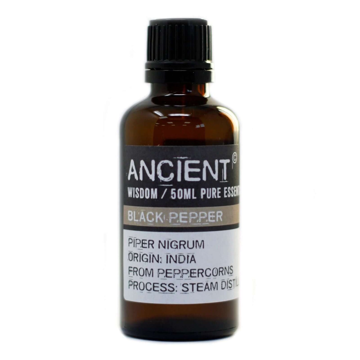 Blackpepper essential oil 50ml bottle from India, steam distilled from peppercorns, Ancient brand.