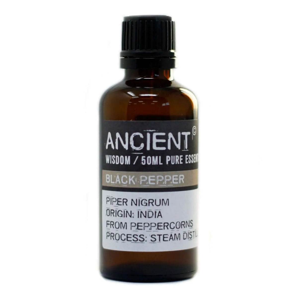 Blackpepper essential oil 50ml bottle from India, steam distilled from peppercorns, Ancient brand.