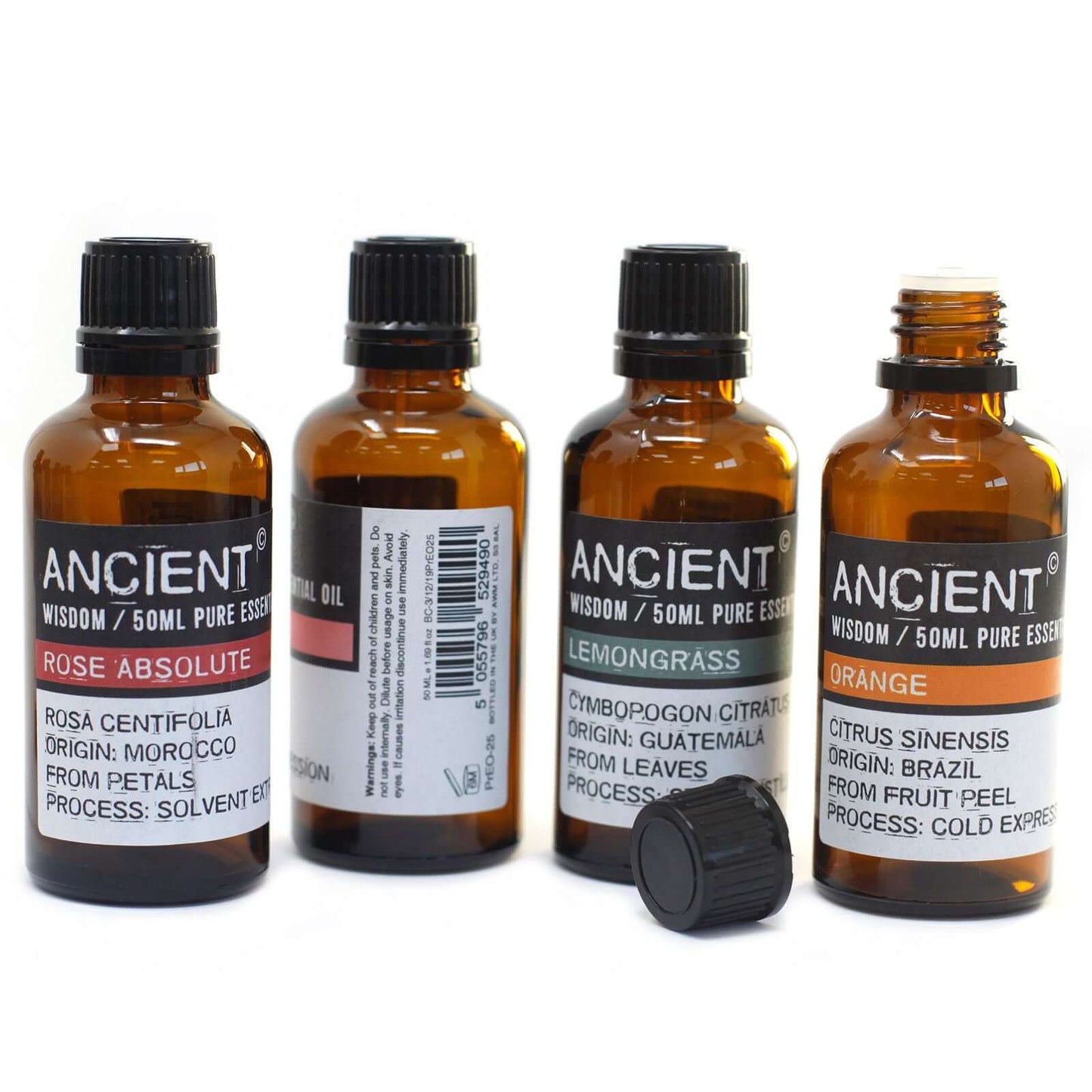 Bay Leaf essential oil bottles with labels highlighting ingredients and extraction methods.