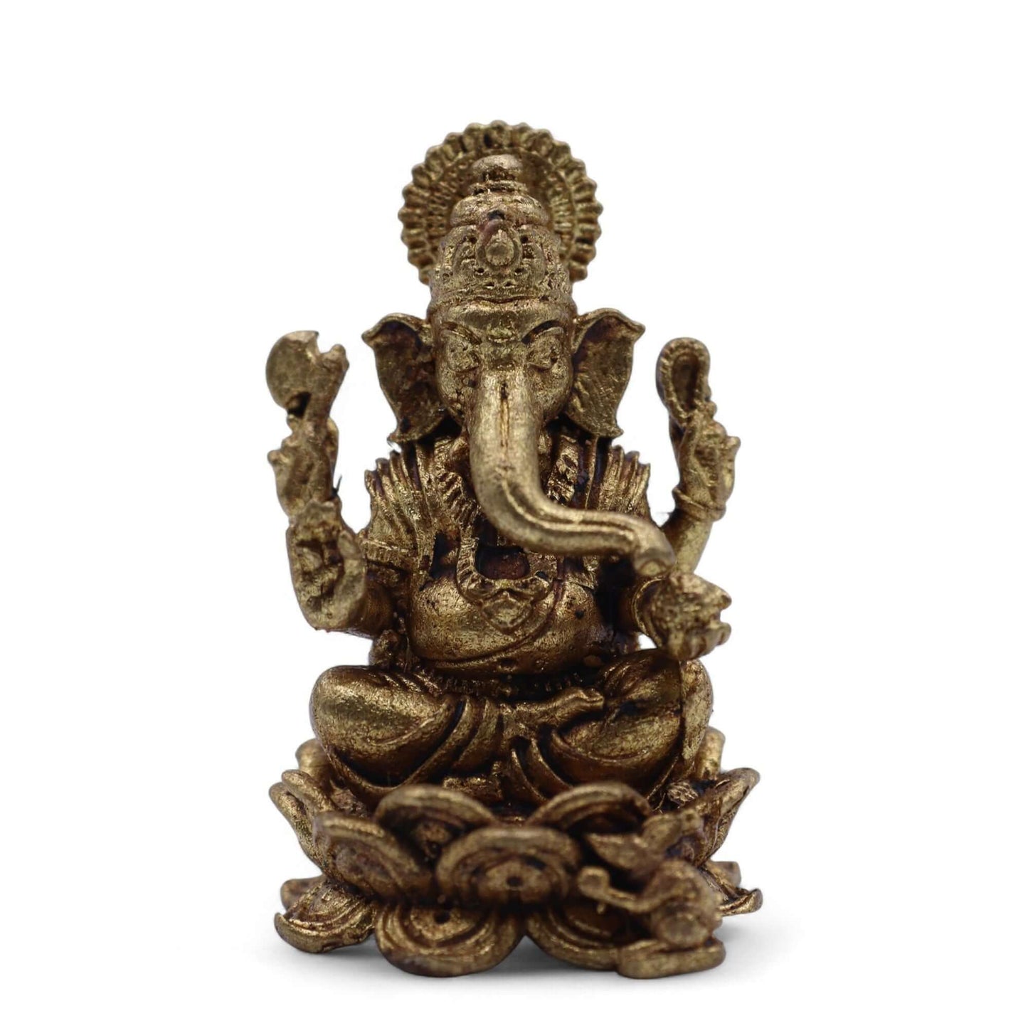 Miniature Ganesha Gods brass figurine seated on lotus base, symbolizing prosperity and wisdom, handcrafted in India.