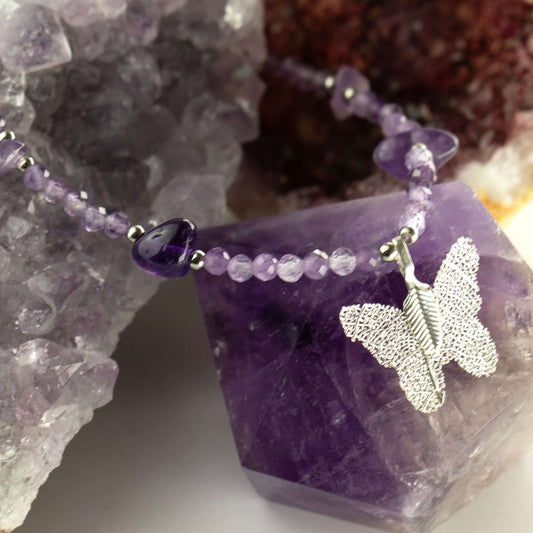Nymph Amethyst Gemstone Necklace with Real Leaf Butterfly Pendant
