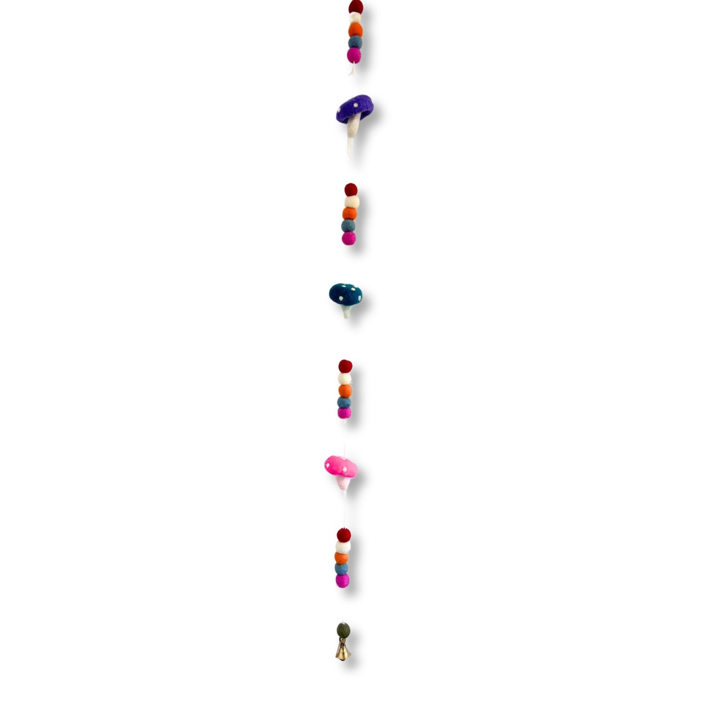 Colorful felt wall hanging mushrooms with various pom-poms, perfect for unique home decor. Felt Wall Hanging.