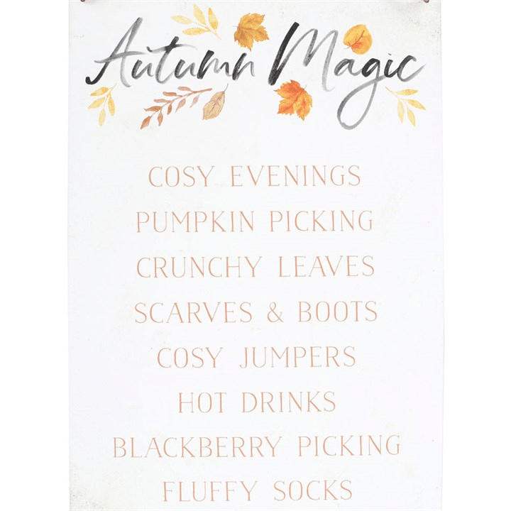 Metal Hanging Sign featuring 'Autumn Magic' text and a leaf design, perfect for autumn decor.