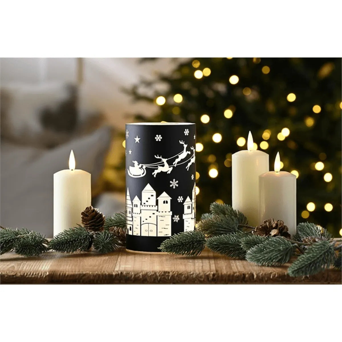 Black Glass Tealight Holder with Sleigh Scene surrounded by candles, creating a cozy holiday atmosphere.
