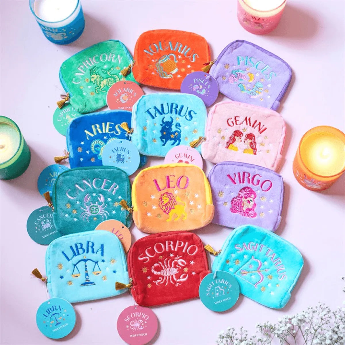 Set of 12 Zodiac Zest Velvet Pouches