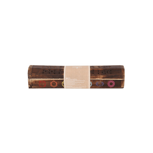 Chakra Wooden Mixed Incense Box Set featuring 10 incense sticks in a decorative mango wood box with chakra symbols.