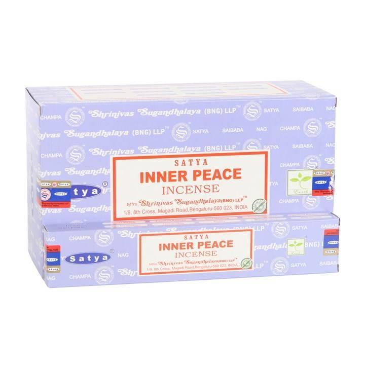 12 Packs of Inner Peace Incense Sticks by Satya in lavender packaging, promoting relaxation and mindfulness.