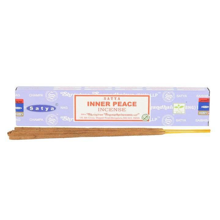 12 Packs of Inner Peace Incense Sticks by Satya in lavender packaging with incense stick displayed
