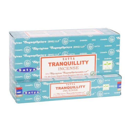 12 packs of Tranquility incense sticks by Satya, ideal for creating calm with incense sticks.