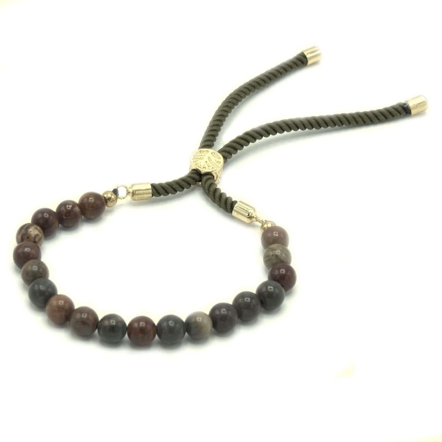 18K Gold Plated Gemstone Moss String Bracelet featuring Picasso Jasper beads and adjustable rope strings.