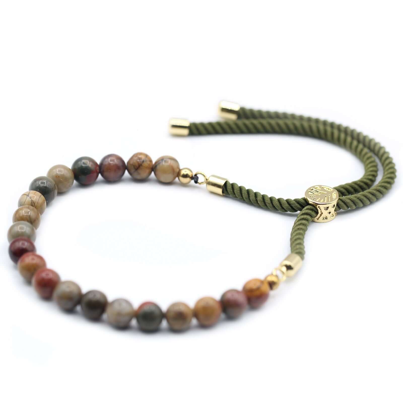 18K Gold Plated Gemstone Moss String Bracelet featuring Picasso Jasper and adjustable colorful rope string.