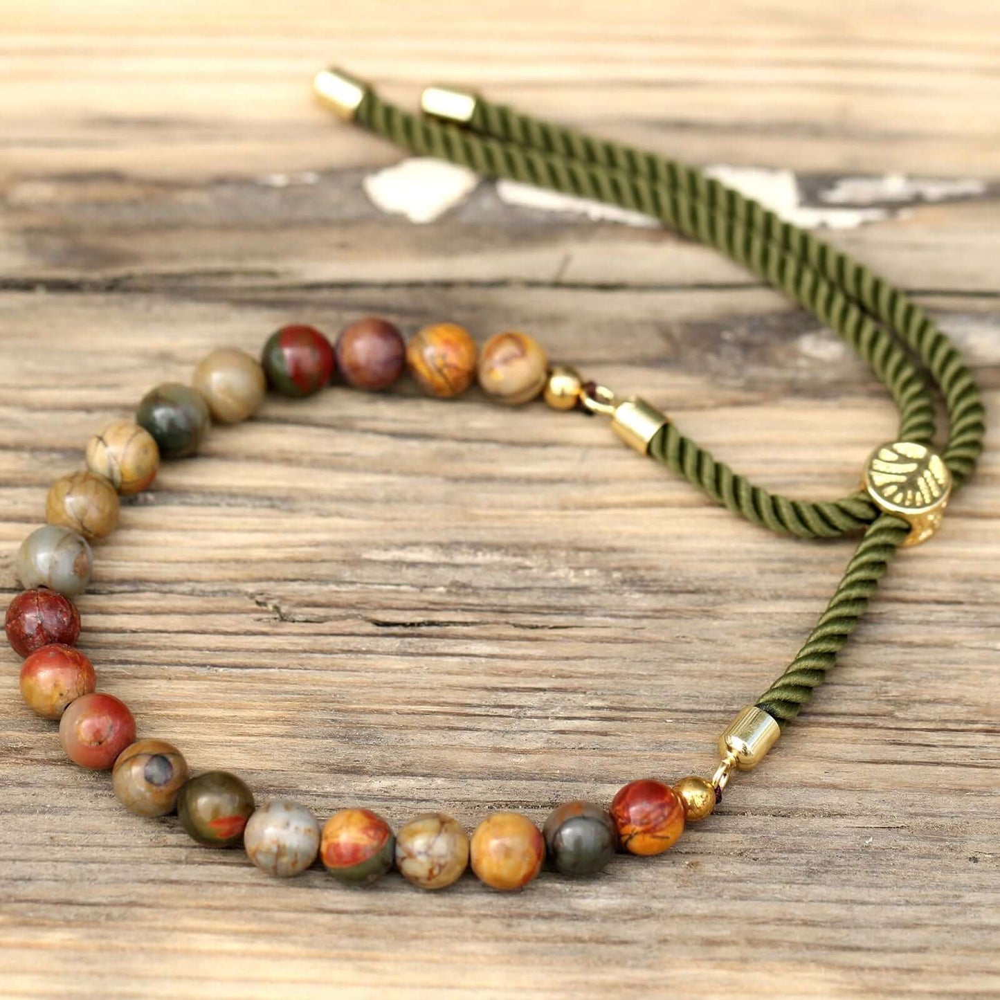 18K Gold Plated Gemstone Moss String Bracelet featuring Picasso Jasper and adjustable colorful rope strings.