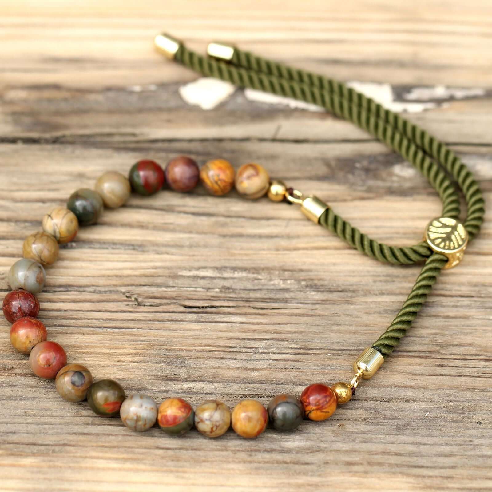 18K Gold Plated Gemstone Moss String Bracelet featuring Picasso Jasper and adjustable colorful rope strings.