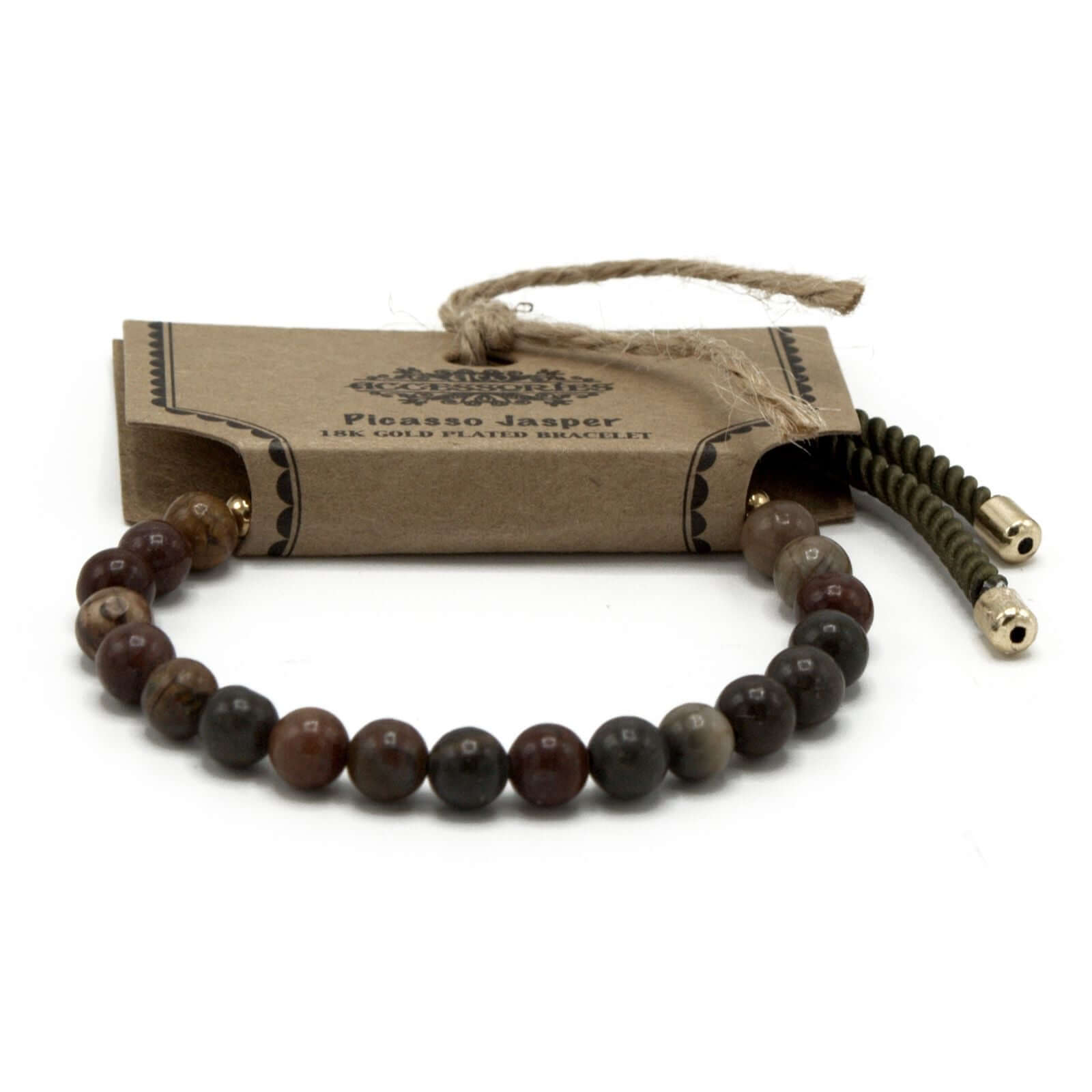 18K Gold Plated Gemstone Moss String Bracelet - Picasso Jasper with colorful stones and adjustable rope strings.