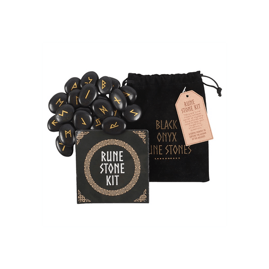 Set of 25 Black Onyx Rune Stones in a kit with pouch, perfect for divination and Norse mythology.