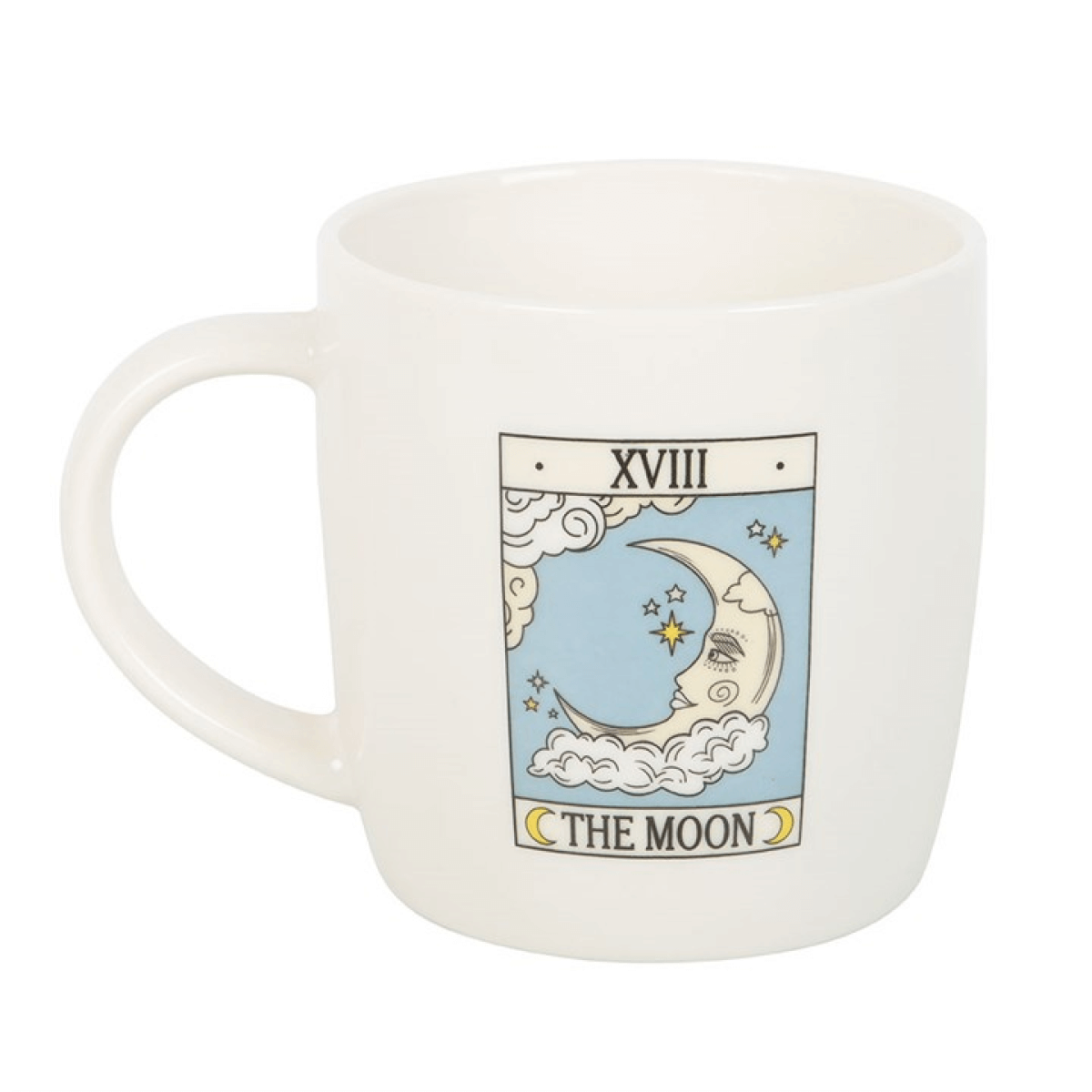 The Moon Vintage Tarot Mug featuring a mystical tarot card design in a white ceramic cup.