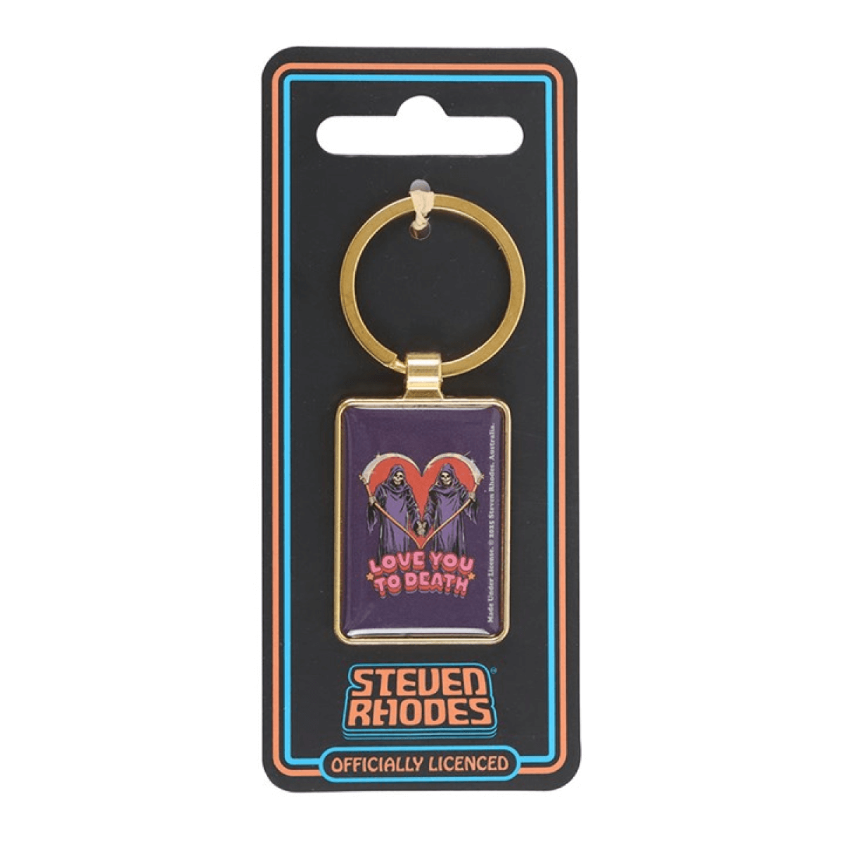 Keychain with 'Love You to Death' design on a black card with 'Steven Rhodes' branding.