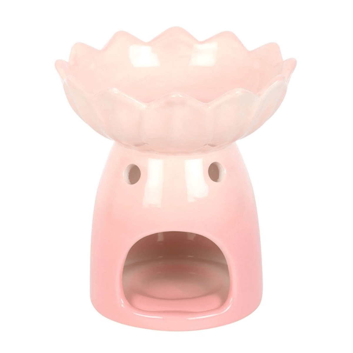 Pink ceramic oil burner with lotus design on a white background