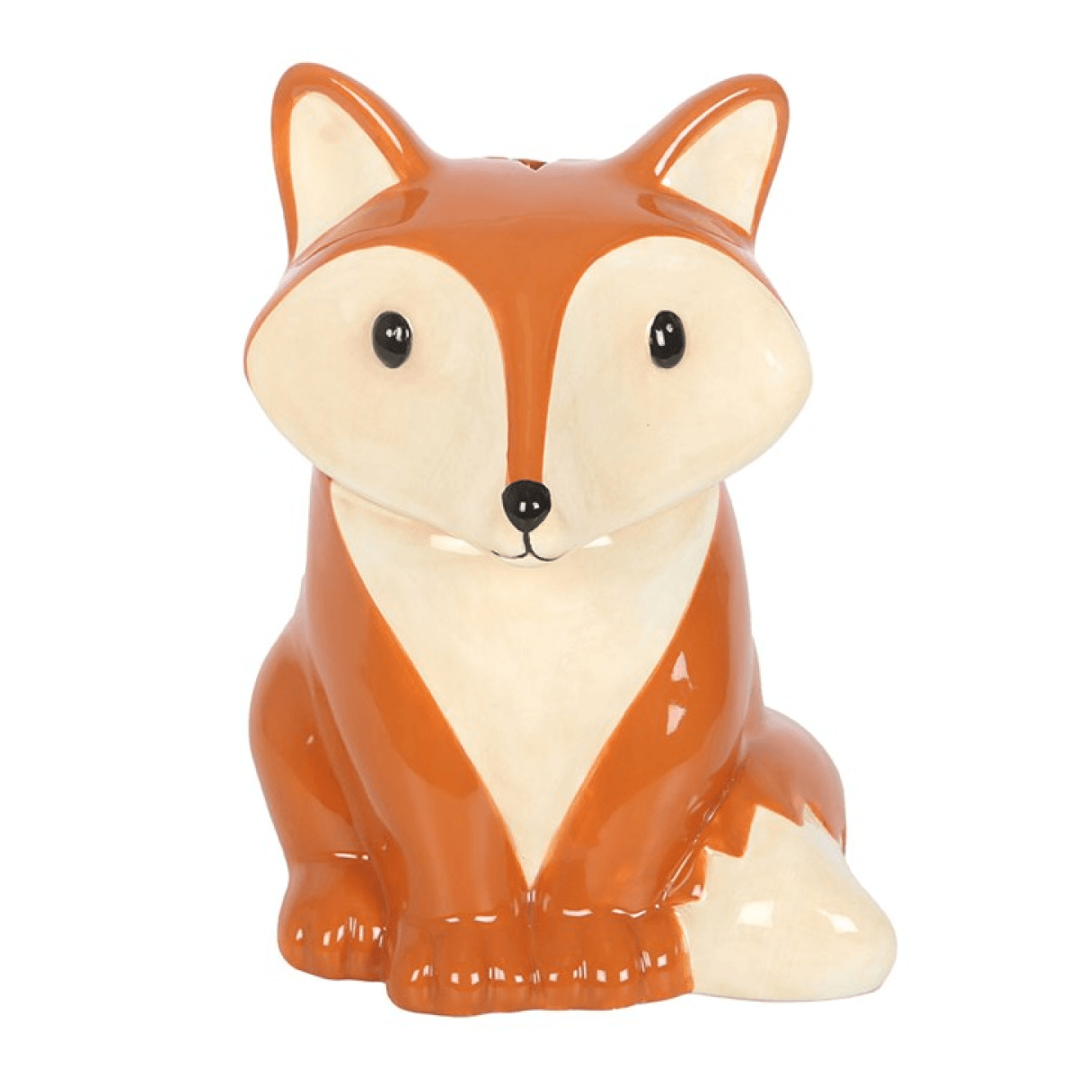 Ceramic fox-shaped cookie jar on a white background