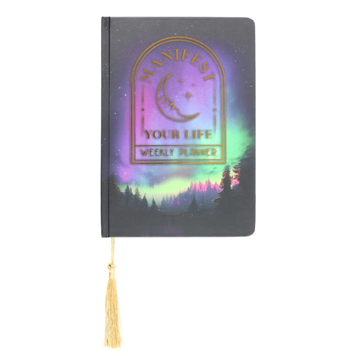 Weekly planner with 'Manifest Your Life' text and tassel on a white background