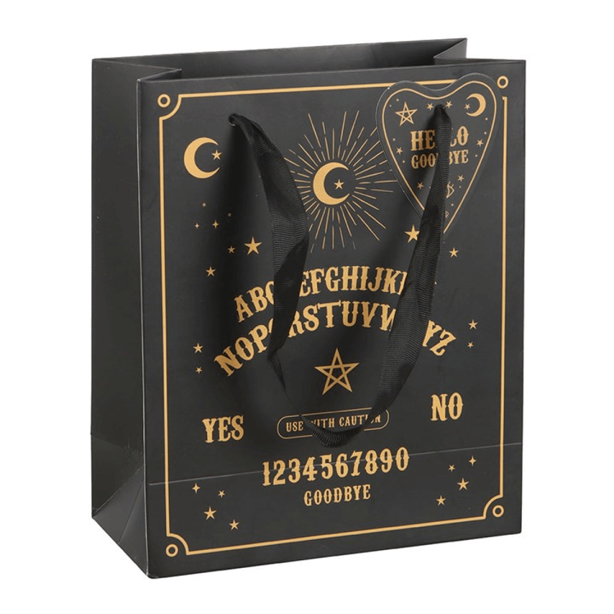 Black gift bag with gold lettering and design elements on a white background