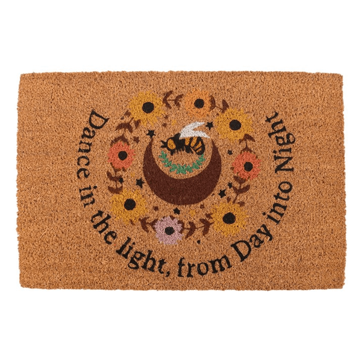 Decorative doormat with moon, birds, and flowers design on a white background