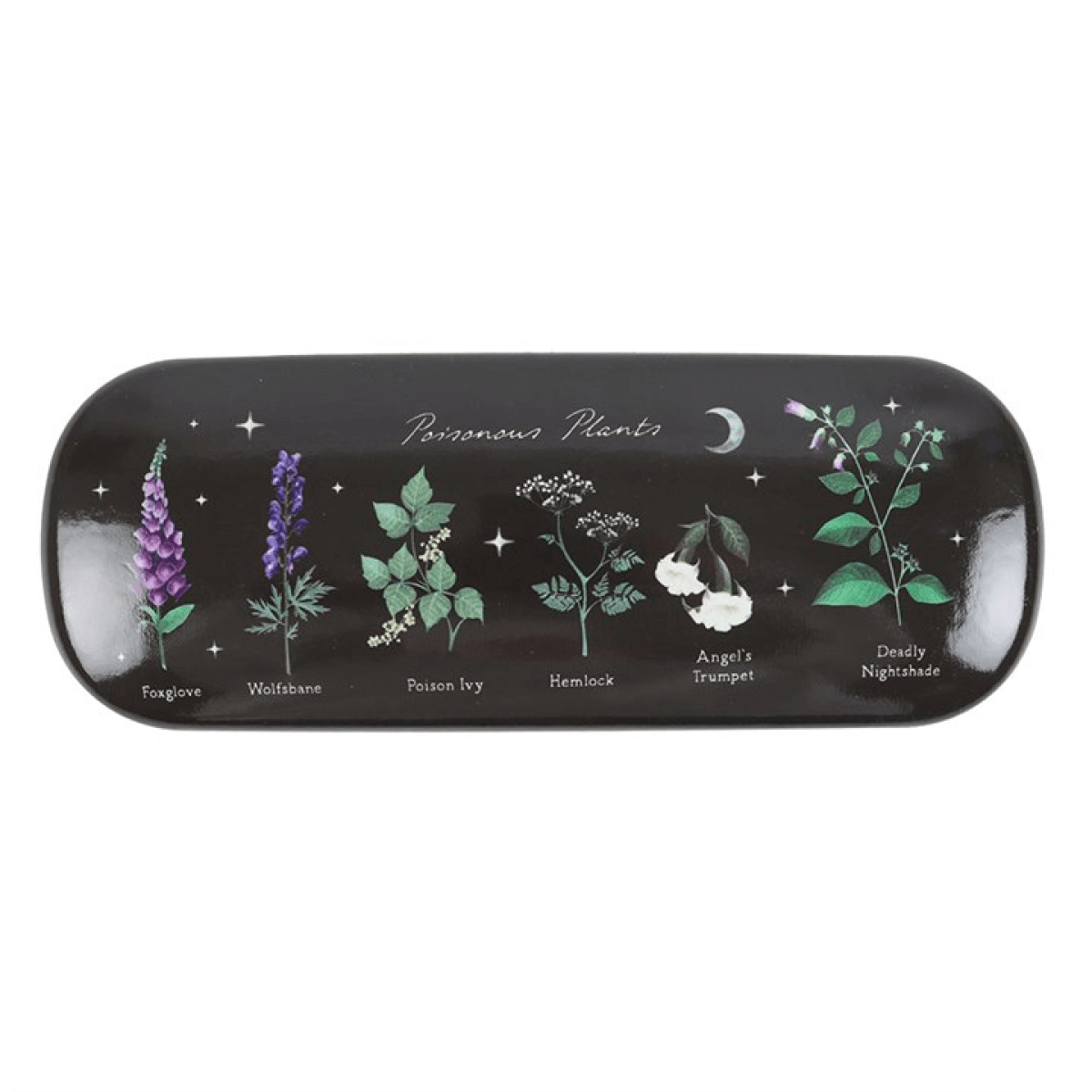 Black glasses case with illustrations of various plants on a white background