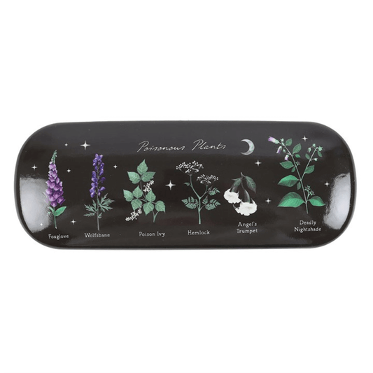 Black glasses case with illustrations of various plants on a white background