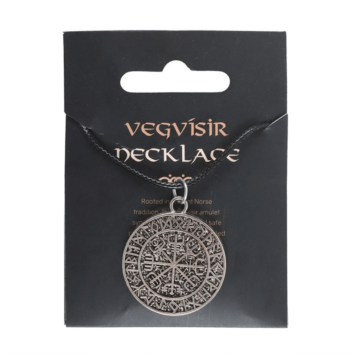 Vegvisir Viking Compass Cord Necklace on a black backdrop, featuring an intricate circular design and black cord.
