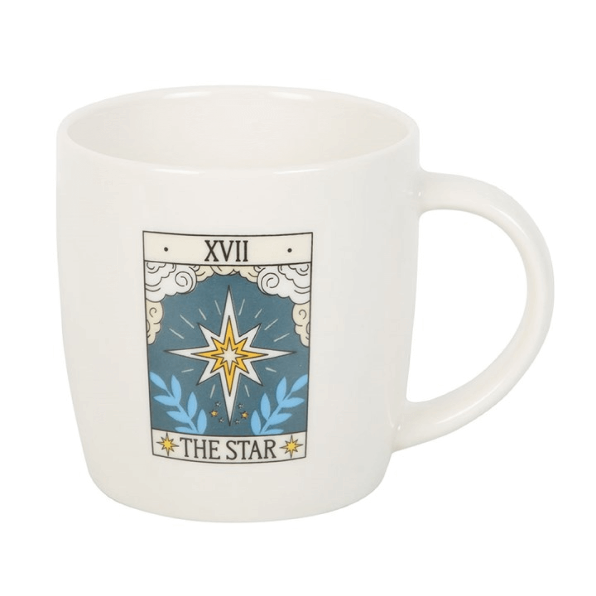 White mug with 'The Star' tarot card design on a white background