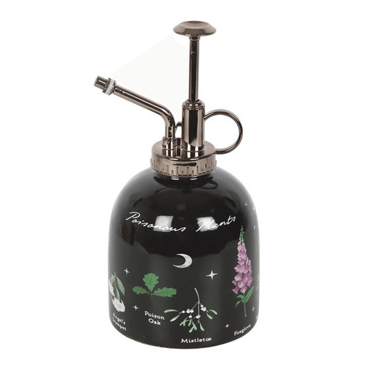 Black spray bottle with botanical illustrations on a white background